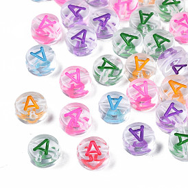 Perles acryliques transparentes transparentes, trou horizontal, plat rond avec lettre de couleurs mélangées