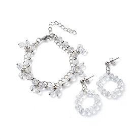 Boucles d'oreilles pendantes en perles de verre mariées et bracelet multi-rangs, ensemble de bijoux en laiton pour femme