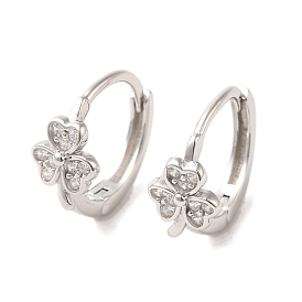 Rhodium Plated Sterling Silver Hoop Earrings with Rhinestone, Clover, with S925 Stamp