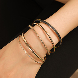 Fashion Wide Face Bracelet Set - 5pcs Gold Glossy Bangle & Chain.