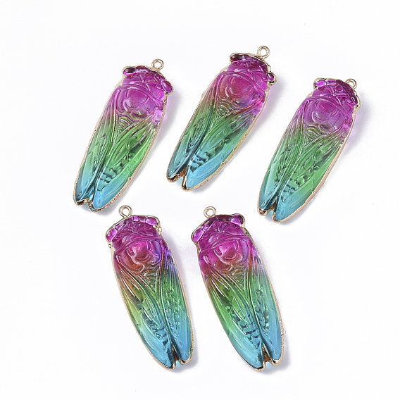Природный кристалл кварца большие подвески, с краем позолоченные железные петли, с покрытием цвета радуги, цикада