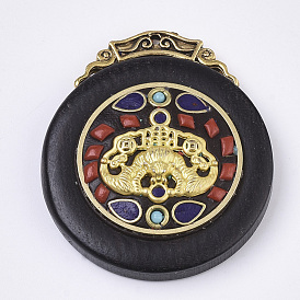 Handmade Indonesia Pendants, with Alloy Findings, Sandalwood and Resin, Antique Golden, Flat Round with Dragon