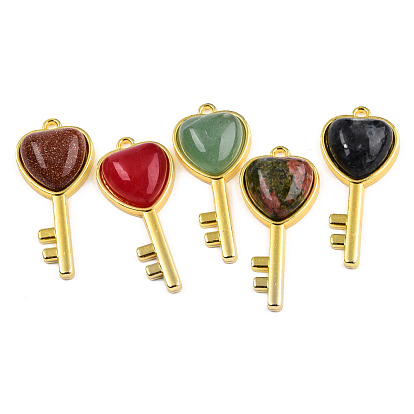 Gemstone Pendants, with Light Gold Plated Brass Findings, Mixed Dyed and Undyed, Key with Heart Charm