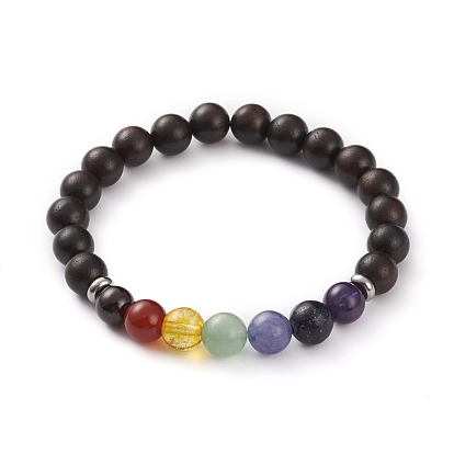 Chakra Jewelry, Natural Wood Beads Stretch Bracelets, with Natural Gemstone Beads and 304 Stainless Steel Spacer Beads, Round