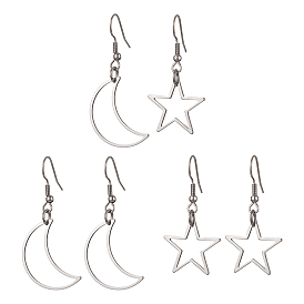 3 paires 3 ensemble de boucles d'oreilles pendantes en alliage de style, boucles d'oreilles asymétriques, étoile creuse et lune