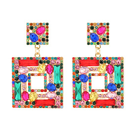 Exaggerated Colorful Crystal Square Earrings with Elegant Style and High-end Jewelry Feeling