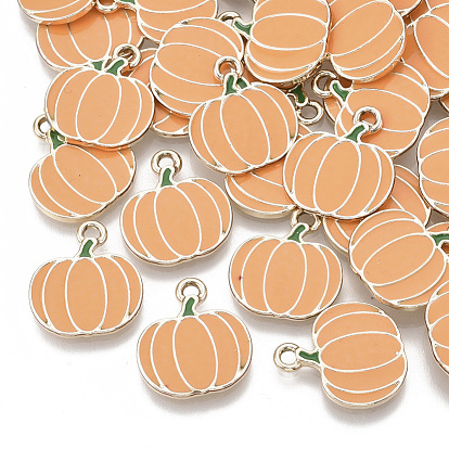 Autumn Theme Alloy Enamel Pendants, Light Gold, Pumpkin