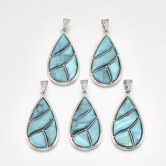 Shell Big Pendants, with Alloy Findings and Resin Bottom, Teardrop, Platinum