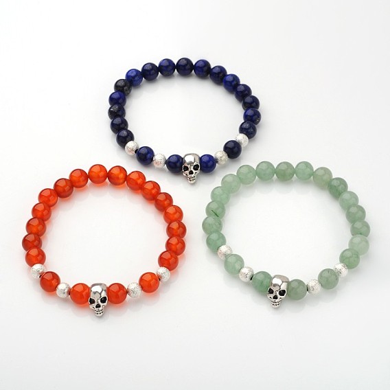 Unique Design Skull Gemstone Beaded Stretch Bracelets, with Alloy Beads and Brass Textured Beads, 53mm