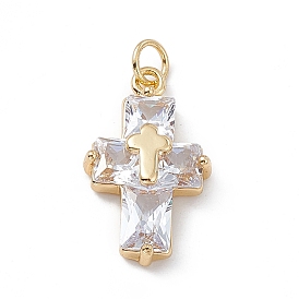 Rack Plating Brass Cubic Zirconia Pendants, Cadmium Free & Lead Free, Long-Lasting Plated, with Jump Ring, Religion Cross Charm