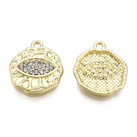 Rack Plating Alloy Charms, with Crystal Rhinestone, Cadmium Free & Nickel Free & Lead Free, Flat Round with Eye