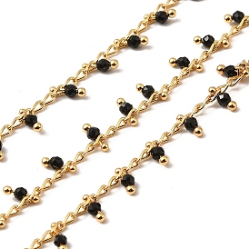 Handmade Brass Link Chain, with Glass Beads, Soldered, with Spool, Real 18K Gold Plated