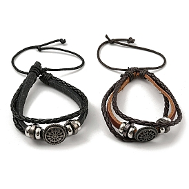 PU Leather & Waxed Triple Layer Multi-strand Bracelets, Braided Adjustable Bracelet with Alloy Flower Links