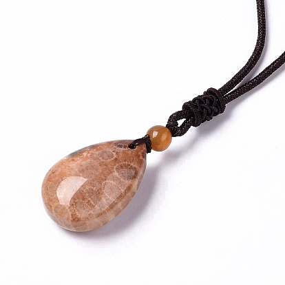 Dyed Natural Fossil Coral Teardrop Pendant Necklace with Nylon Cord for Women