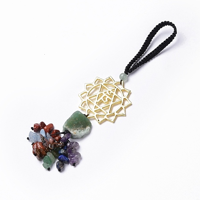 Natural Raw Gemstone & Mixed Stone Chips Tassel Pendant Decorations, Chakra Theme Alloy Charms Hanging Ornament