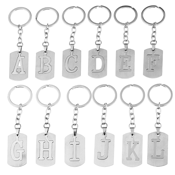 201 porte-clés en acier inoxydable, porte-clés étiquette de chien, avec porte-clés en fer plaqué platine, rectangle avec alphabet fractionné