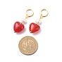 Red Glass Heart with Natural Pearl Dangle Leverback Earrings, Brass Long Drop Earrings for Women