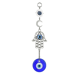 Blue Evil Eye Lampwork Pendant Decorations, Alloy Hamsa Hand/Hand of Miriam Link and Brass Moon/Sun Charm