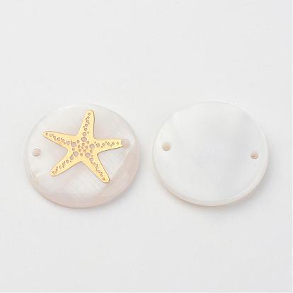 Freshwater Shell Links Connectors, Flat Round with Gold Blocking Starfish/Sea Stars