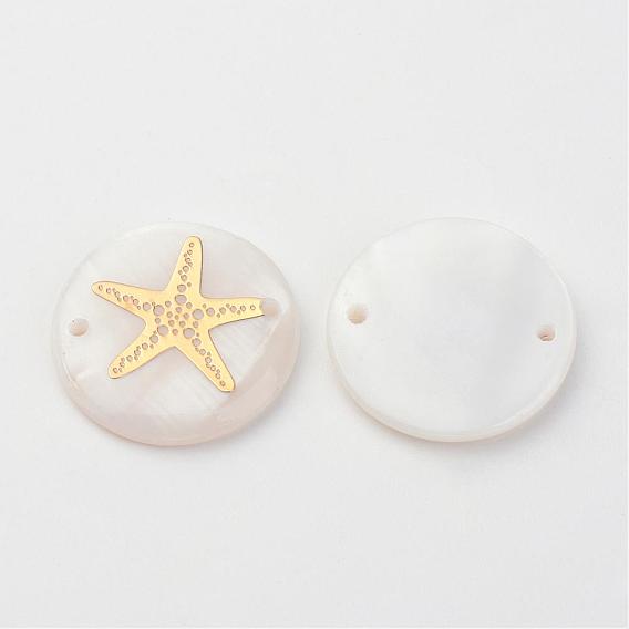 Freshwater Shell Links Connectors, Flat Round with Gold Blocking Starfish/Sea Stars