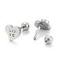 201 Stainless Steel Earlobe Plugs for Valentine's Day, Screw Back Earrings, with 304 Stainless Steel Pins, Heart with Word Love