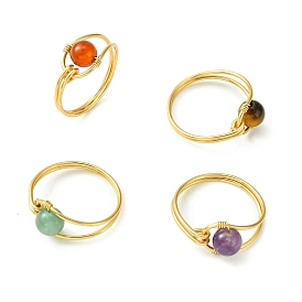 4Pcs 4 Style Natural Mixed Gemstone Round Braided Bead Rings Set, Copper Wire Wrap Rings