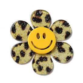 Leopard Print Pattern Acrylic Big Pendants, with Sequins, Flower with Smiling Face