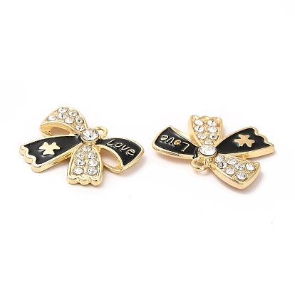 Alloy Enamel Pendants, with Rhinestone, Cadmium Free & Nickel Free & Lead Free, Golden, Bowknot with Word Love Charm