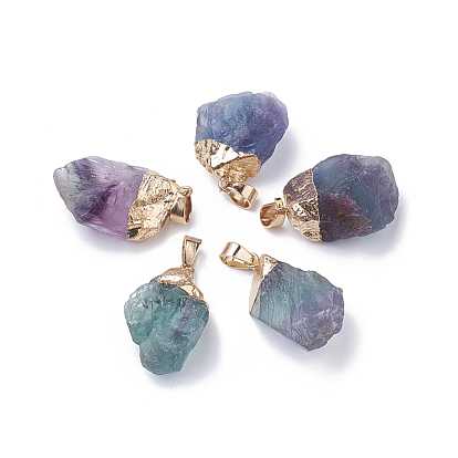 Natural Fluorite Pendants, with Iron Findings, Plated Gold, Nuggets