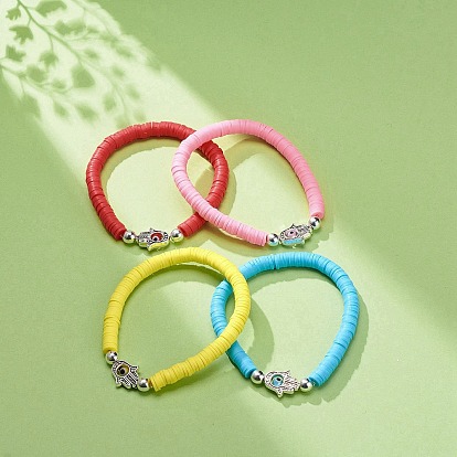4 pcs 4 couleurs ensemble de bracelets extensibles heishi surfeur en argile polymère, Alliage hamsa main avec lampwork mauvais œil bracelets preppy pour les femmes
