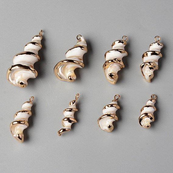 Colgantes de concha de troquídea natural / concha de troco, con asas de hierro, borde dorado plateado, vórtice