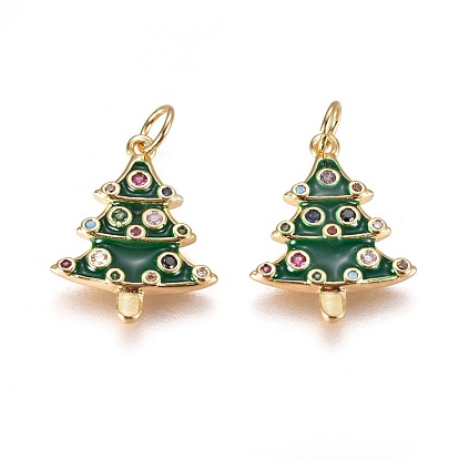 Brass Micro Pave Cubic Zirconia Pendants, with Enamel and Jump Ring, Christmas Tree, Green
