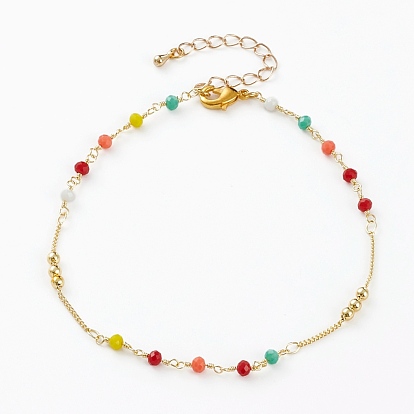 Faceted Glass Beaded Anklets, with Brass Beads and Lobster Claw Clasps, Round, Real 18K Gold Plated