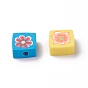 Handmade Polymer Clay Beads, Square with Flower Pattren