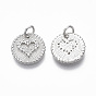 Brass Micro Pave Clear Cubic Zirconia Charms, Flat Round with Heart and Jump Ring, Nickel Free