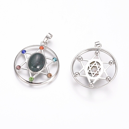 Chakras Style, Gemstone Pendants, with Platinum Tone Brass Findings and Rhinestone, Flat Round with Star