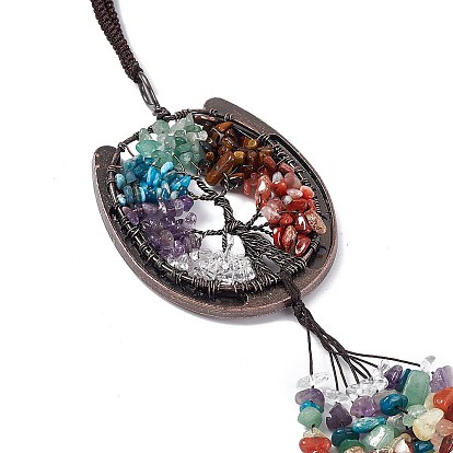 Gemstone Chip Tree of Life Pendants Decoration, Brass Horse Shose Tassel Gems Hanging Ornaments