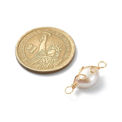 Dijes de conector de perlas de agua dulce cultivadas naturales de grado aa, eslabones de perla envueltos en alambre de cobre ecológico chapado de larga duración, dos lados pulidos