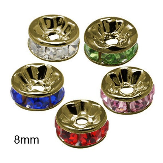 Séparateurs perles en verre avec strass en laiton, grade de aaa, bride droite, sans nickel, métal couleur bronze antique, rondelle, 8x3.8mm, Trou: 1.5mm