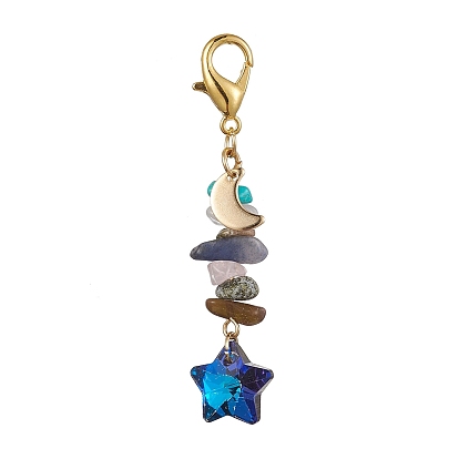 Décoration pendentif étoile en verre galvanoplastie, Éclats de pierres mélangées naturelles et synthétiques et fermoirs à pinces de homard en alliage