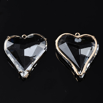 Transparent Glass Pendants, with Light Gold Tone Brass Findings, Long-Lasting Plated, Faceted, Heart