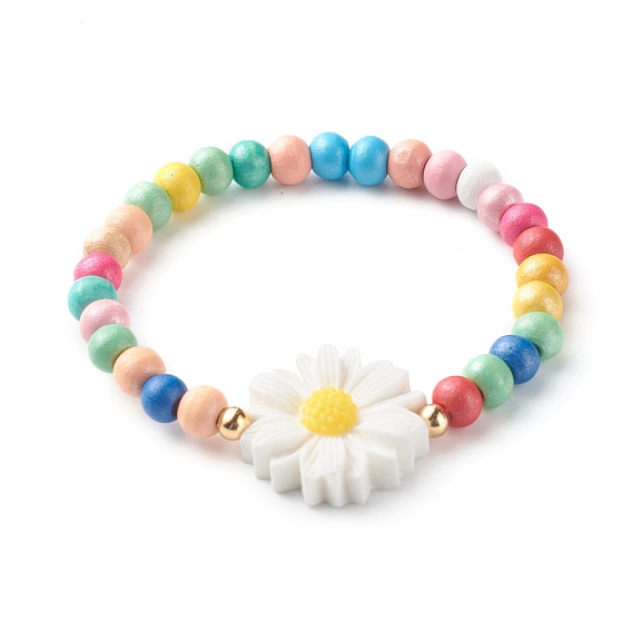 Natural Wood Round Beads Stretch Bracelets for Kid, with Resin Beads, Daisy Flower