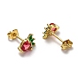 Brass Micro Pave Cubic Zirconia Stud Earrings, with Ear Nuts, Strawberry, Real 18K Gold Plated