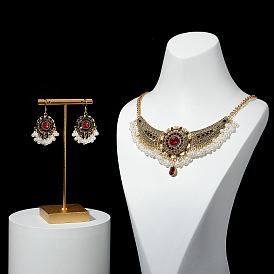Bohemian Vintage Metal Pearl Necklace and Earrings Set with Exotic Ruby Collarbone Chain