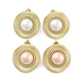Flat Round Real 14K Gold Plated 304 Stainless Steel Stud Earrings, with Natural Shell