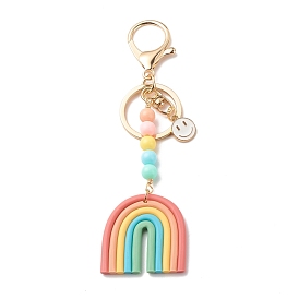 Handmade Polymer Clay & Alloy Enamel Pendants Keychain, with Acrylic Beads and Alloy Keychain Clasp Findings, Rainbow & Smiling Face