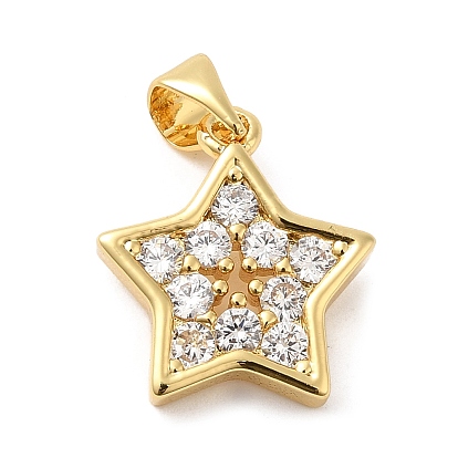 Rack Plating Brass Micro Pave Clear Cubic Zirconia Pendants, Long-Lasting Plated, Cadmium Free & Lead Free, Star Charm