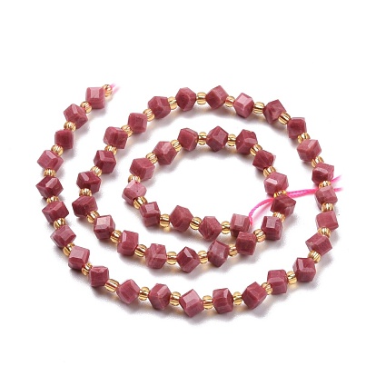 Natural Rhodonite Beads Strands, with Seed Beads, Faceted, Diagonal Cube Beads