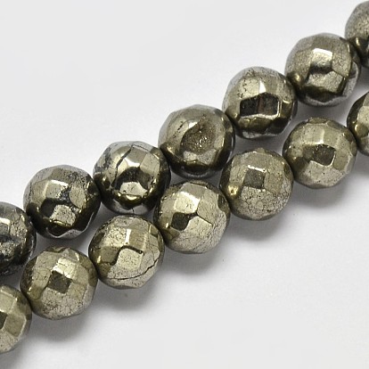 Perles rondes de pyrite naturelle brins, à facettes (64 facettes), Grade a