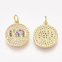 Brass Micro Pave Cubic Zirconia Pendants, Flat Round with Elephant, Golden